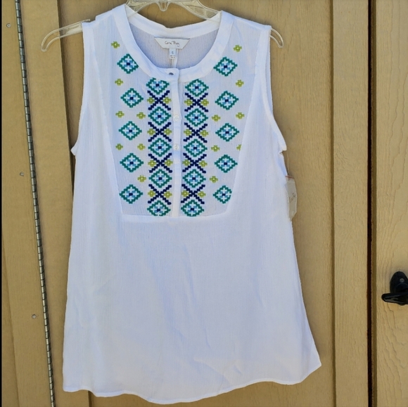 Coral Bay New White Sleeveless Embroidered Blouse Split Neck Boho Tank Top Sm-M - Picture 8 of 9